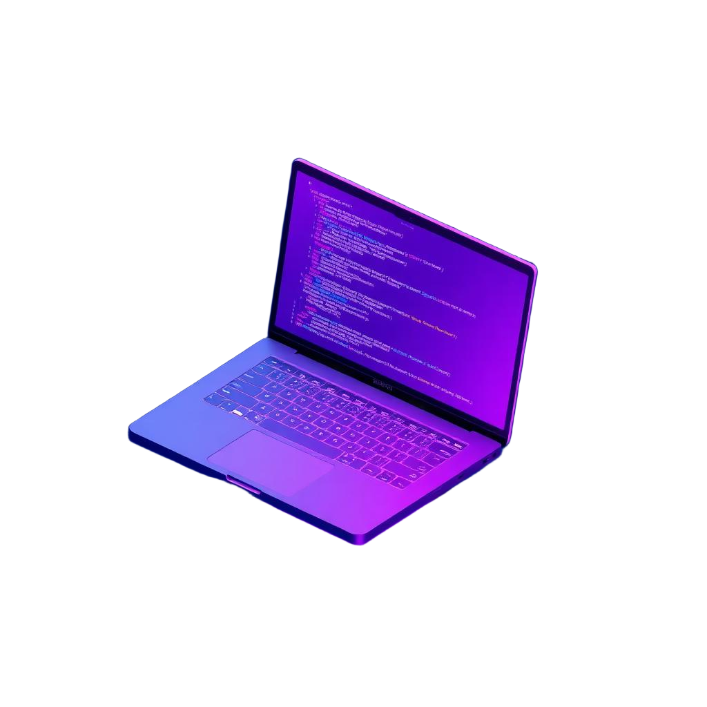 Laptop con código sobre fondo violeta